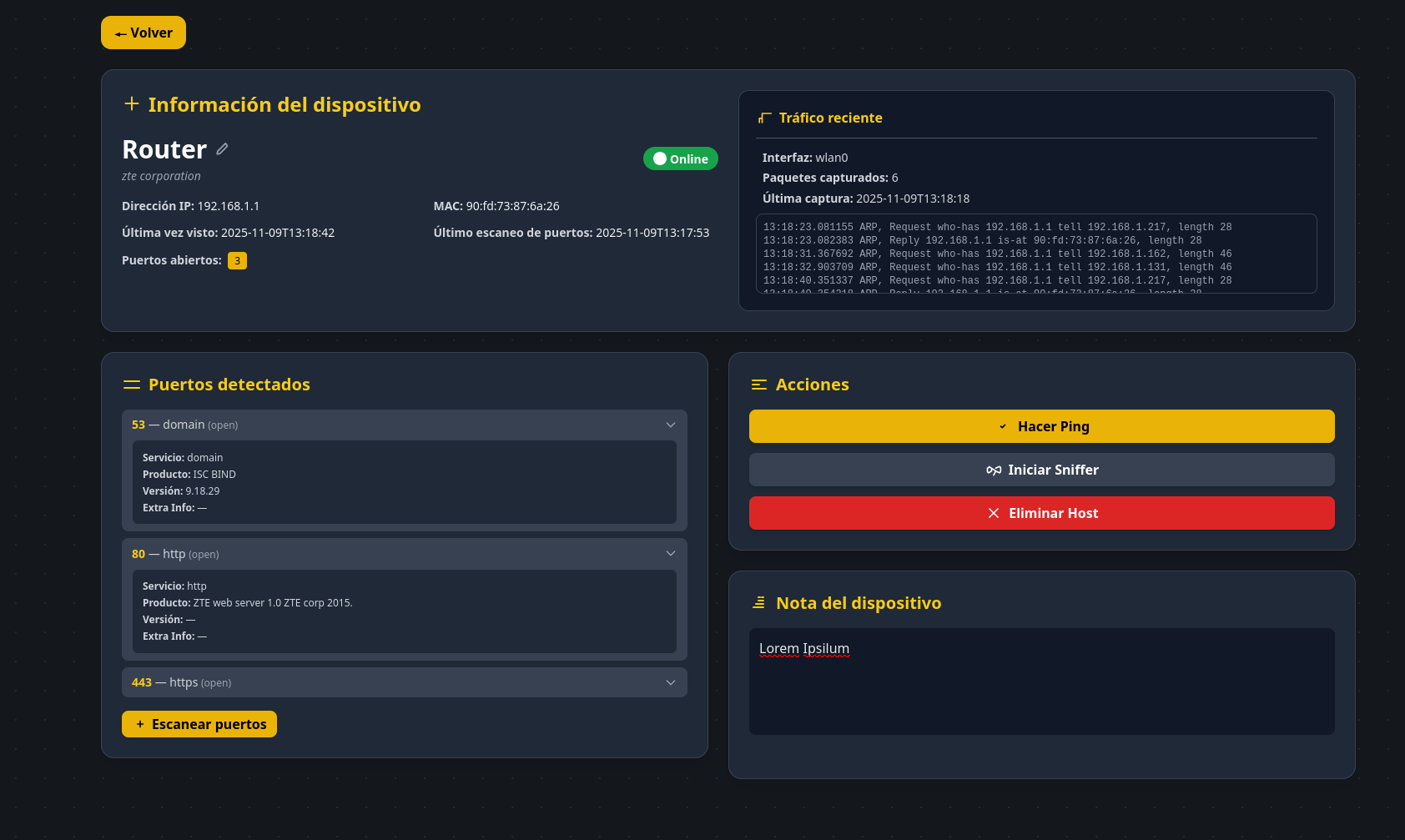 Captura del escaneo de puertos en host.html