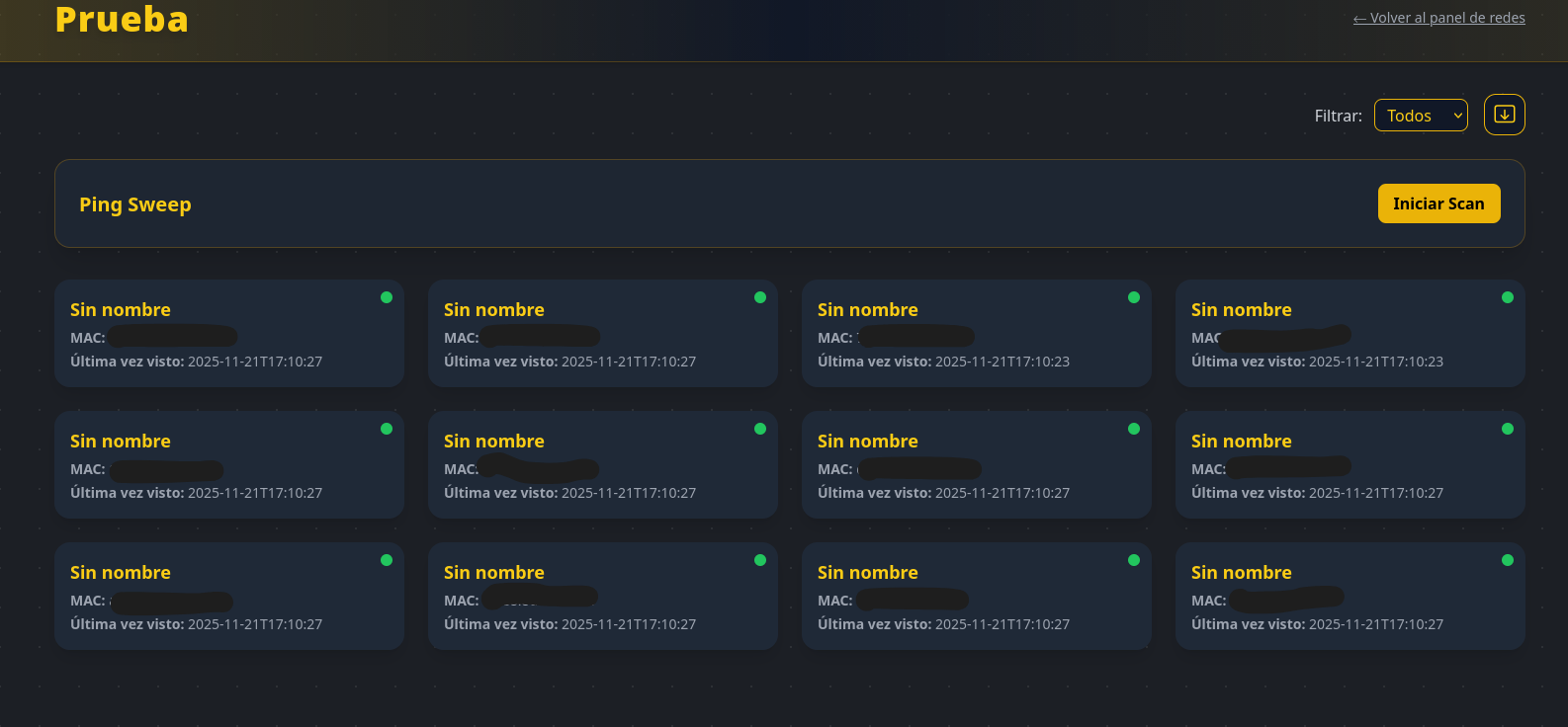 Captura de la vista de escaneo de red