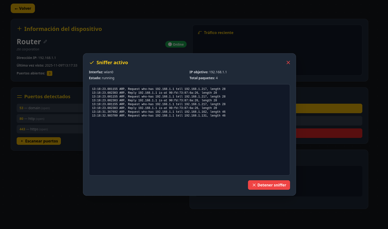 Captura del sniffer en ejecución